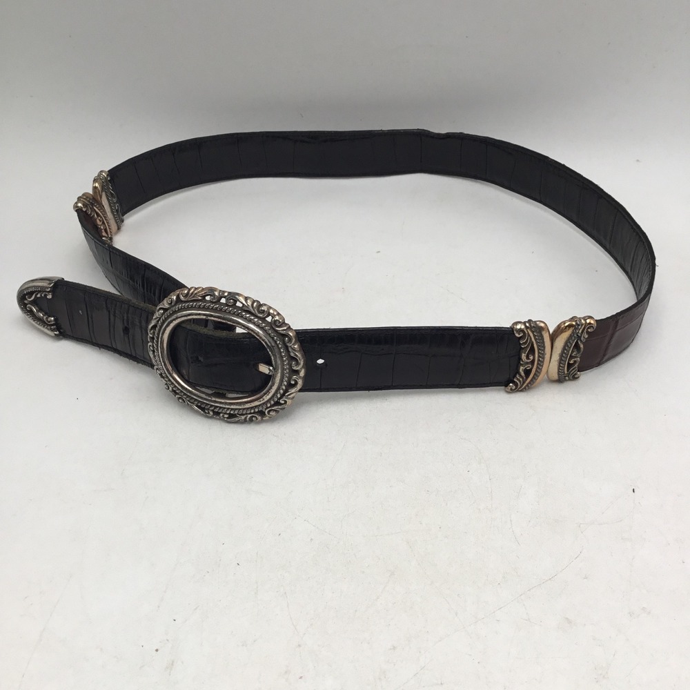 Vintage Western Crocodile Embossed Leather Belt Silver Tone Buckle Size M 35206